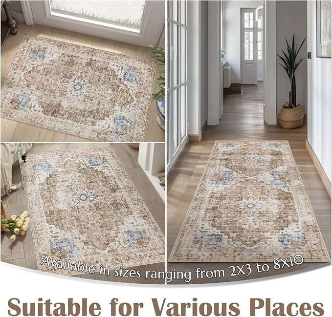 jinchan Kelda Runner Rug 3x8 Washable Rug Soft Hallway Runner Indoor Vintage Print Floor Cover Retro Distressed Lightweight Non-Slip Thin Carpet for Bathroom Kitchen Living Room Bedroom Brick Red