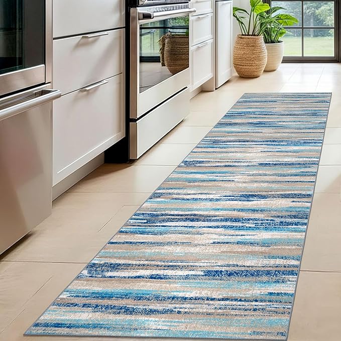 Modern Abstract Hallway Runner Rug, Blue Washable Kitchen Runner Non-Slip Soft 2x8 Runner Rug Thin Print Faux Wool Carpet for Entryway Bedroom Laundry Room Indoor