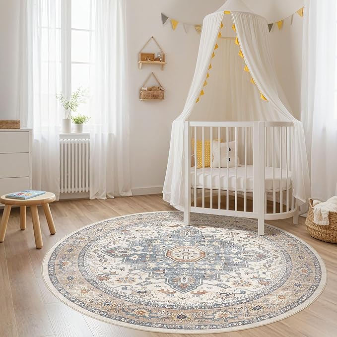 Round Rug Living Room Rugs: 7x7 Washable Boho Neutral Large Circle Soft Indoor Distressed Stain Resistant Floor Farmhouse Carpet for Bedroom Nursery Kids Playroom Office Dining Room Dorm- Beige Blue