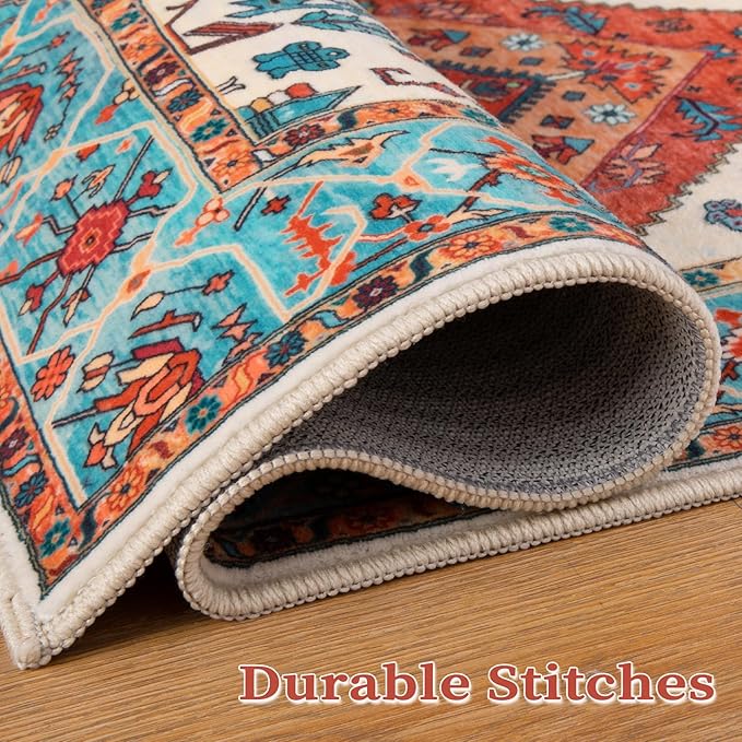 SERISSA Boho Area Rug 5x7 Orange, Washable Large Rugs for Living Room, Ultra Soft Non-Slip Bedroom Rug Print Distressed Vintage Tribal Farmhouse Carpet Rug for Dining Room Dorm Office Home Decor