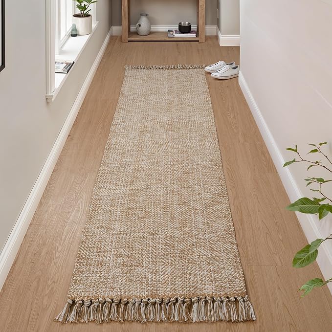 Collive Boho Runners for Hallways 2x7 ft, Washable Kitchen Runner Rug Low-Profile Neutral Indoor Entryway Rug, Tan/Cream Braided Cotton Floor Carpet for Laundry Room Bedroom Doorway