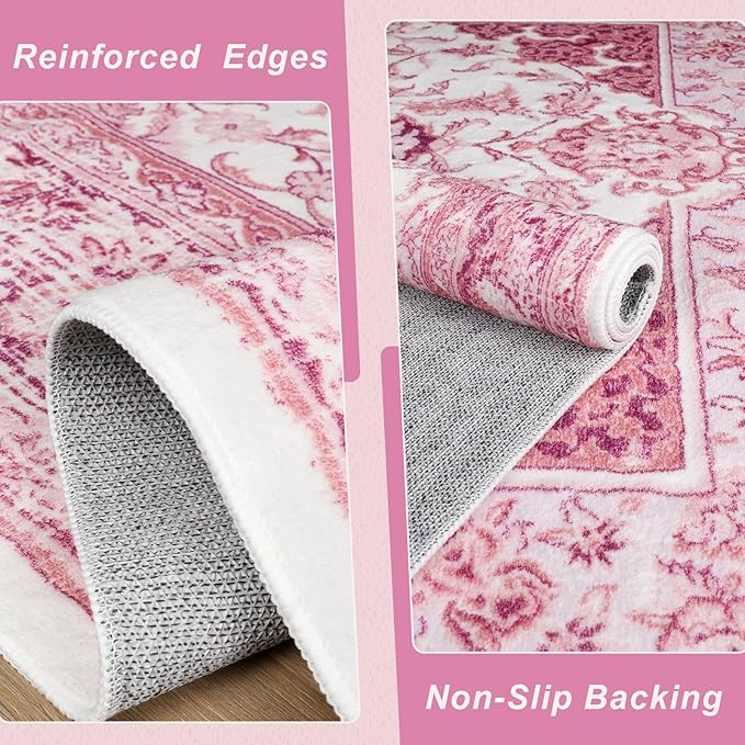 Bright Pink Area Rug for Girls Bedroom, 3x5 Soft Washable Rugs with Non-Slip Backing for Living Room, Cute Vintage Carpet for Kitchen Laundry Kids Room Decor