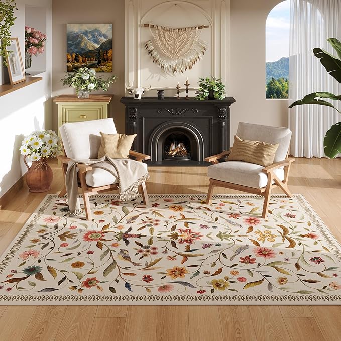 Vintage Medallion Floral 4x6 Rug, Machine Washable Non-Slip Area Rug, Low Pile Soft Carpet for Entry, Living Room, Office, Kids, Girl/Boys Room | Beige