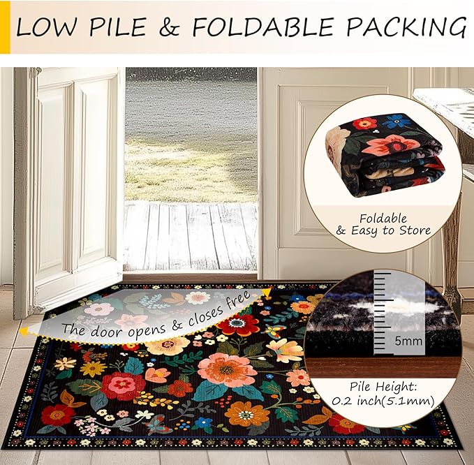 Floral 9x12 Area Rug Machine Washable Soft Print Boho Carpet Non Slip Doormat Low Pile Flower Area Rugs for Living Room Bedroom Nursery Kitchen Dining Room Indoor-Black