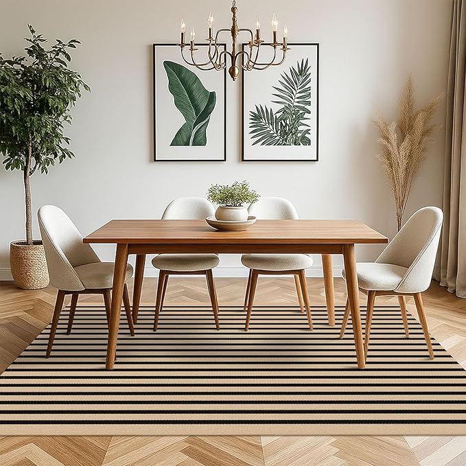 KOZYFLY 5x7 Ft Area Rug Striped Outdoor Rug Brown and Black Washable Indoor Outdoor Rug Cotton Outdoor Patio Rugs Farmhouse Rugs for Living Room Carpet for Patio Dining Room Bedroom