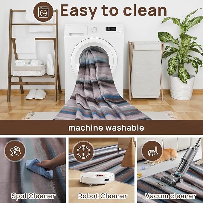 4x6 Abstract Rug for Entryway, Modern Stripe Washable Indoor Entry Way Area Rugs, Soft Non-Slip Door Mat Floor Carpet for Dining Room Kitchen Bedroom - Blue/Brown/Multi