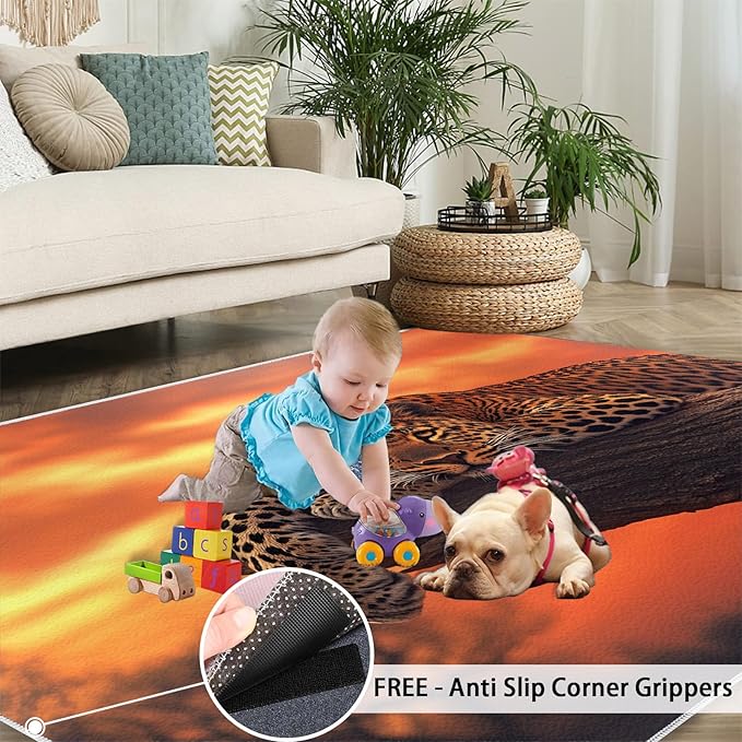 8x10 Sunrise Leopard Rugs for Living Room - Sunset African Savanna Large Area Rug, Wild Animal Modern Boy Nursery Rug Soft Washable for Classroom Office Bedroom Kids Room