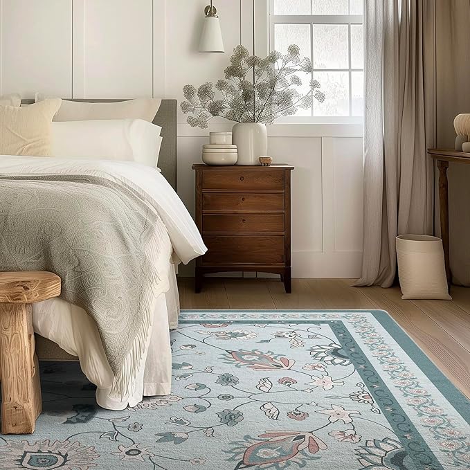 EVERGRACE Area Rugs for Living Room 8x10, Boho Floral Faux Wool Indoor Outdoor Rugs, Washable Rugs for Bedroom Dining Room Entryway Kitchen, Low Pile Floor Mat Carpet for Home Decor, Pale Blue