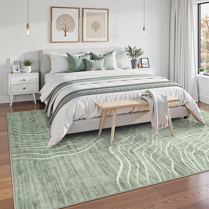 LIVEBOX Machine Washable Modern Abstract 6x9 Area Rug, Non Slip Large Bedroom Living Room Nursery Girl Rug Minimalist Wave Striped Neutral Boys Rug, Carpet for Dining Room Playroom(Sage Green,6'x9')