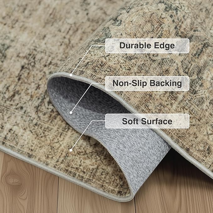 FMFUNCTEX 2x6 Runner Rug Brown Vintage Neutral Washable Distressed Oriental Non Slip Low Pile Indoor Carpet Retro Hallway Entryway Rug for Kitchen Living Room Bedroom Bathroom Laundry Entry Bedside