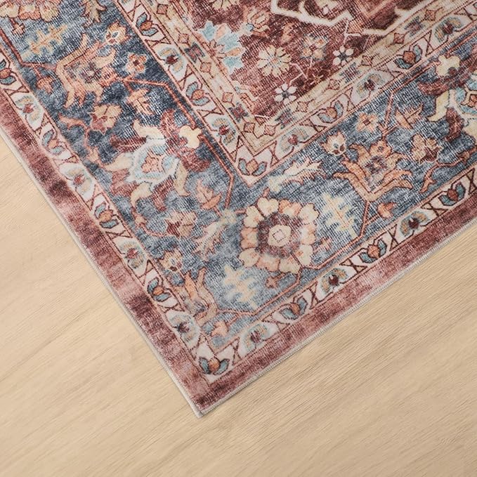Dripex Vintage Washable Area Rug - 4x6 Distressed Rugs for Living Room Bedroom Oriental Medallion Floral Print Carpet Low-Pile Indoor Soft Non-Slip Accent Rug Farmhouse Office Home Decor