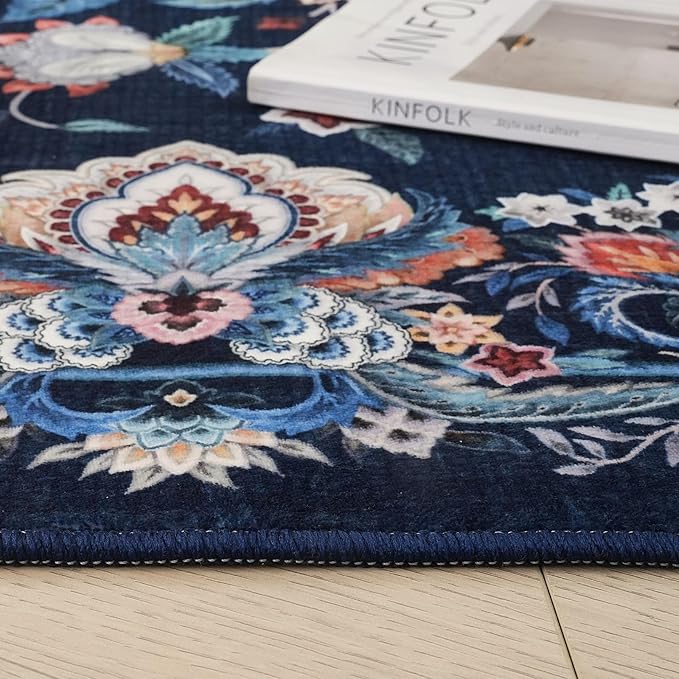 Rugcomf Vintage Paisley Rugs for Bedroom 4'x6' - Machine Washable Area Rug, Non-Slip Low Pile Floral Carpet for Girl/Boys Room, Living Room, Kids, Entry - Blue