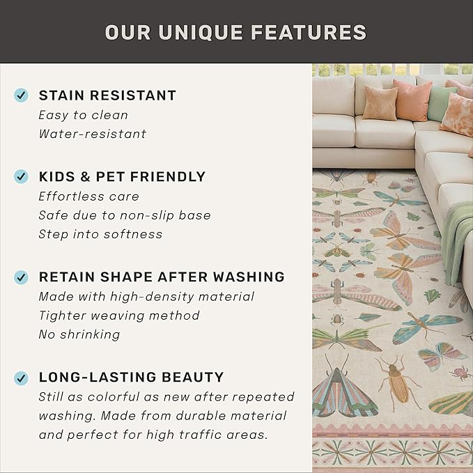 Butterfly Area Rugs 5x7 for Baby Nursery, Cute Light Pink Rugs for Bedroom Girls, Living Room, Kids Room Playroom Reading Corner, Washable Ultra Soft Stain Resistant Floral Floor Decor