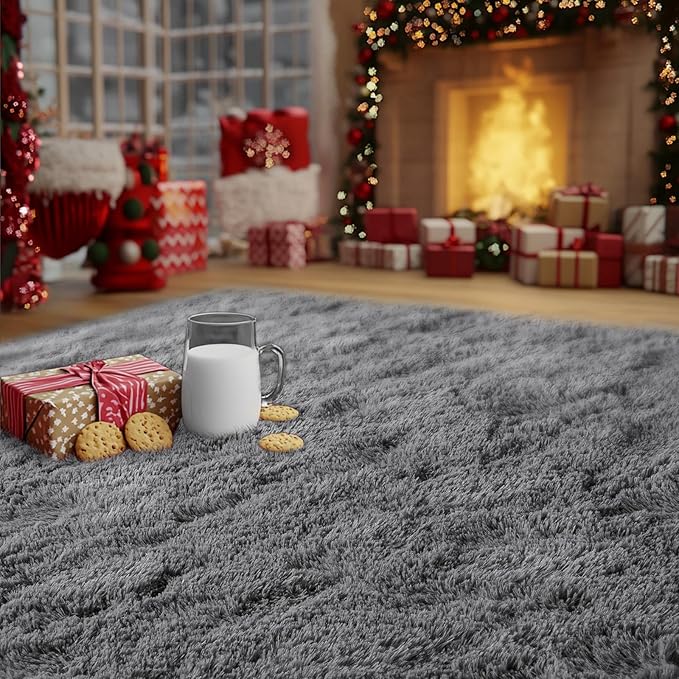 Dark Gray Fluffy Rug Plush Carpet for Bedroom Dorm, Non-Slip High Pile Rug, Shag Rug for Playroom Nursery Home Office Decor 8X10 Ft