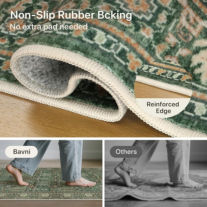 Bavni Round Rug 5ft-Machine Washable Area Rugs Non-Slip for Bedroom, 5x5 Vintage Floral Rug Distressed Throw Carpet for Living Room Nursery Kitchen Bathroom, Forest Green