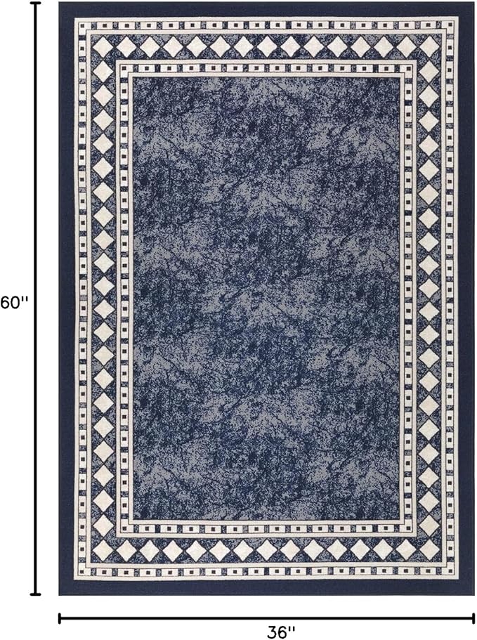 Antep Rugs Alfombras Modern Bordered 3x5 Non-Skid (Non-Slip) Low Profile Pile Rubber Backing Indoor Area Rugs (Navy Blue, 3' x 5')