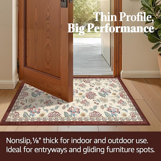 jinchan Elora 2x3 Floral Rug for Entryway Washable Kitchen Rug Vintage Romance Design Small Mat Non Slip Indoor Doormat Lightweight Low-Profile Throw Carpet for Entrance Laundry Room, Red/Beige