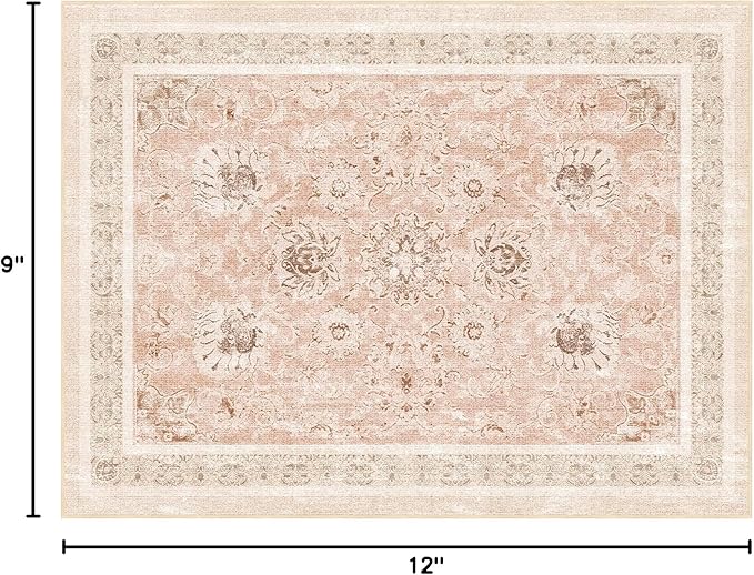 Phantoscope Washable Area Rug 9'x12' Non-Slip, Vintage Neutral Rugs for Living Room, Bedroom, Dining Room, Distressed Boho Floral Medallion Pattern, Low-Pile Foldable Floor Carpet, Soft Pink/Beige