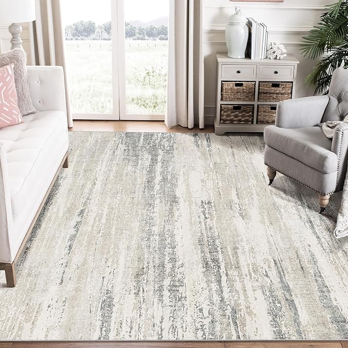 MUJOO 6x9 Area Rugs Washable,Modern Abstract Rugs for Living Room Bedroom Dining Room,Large Non Slip Throw Carpet Indoor,Low Pile Accent Neutral Beige and Grey