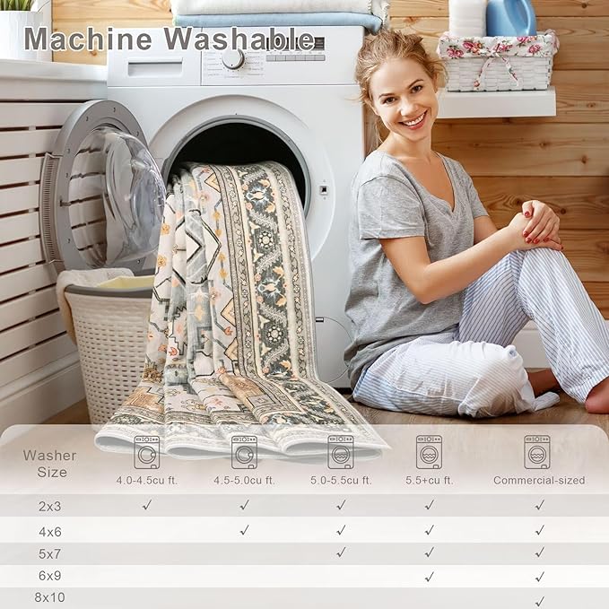 3x5 Grey Beige Area Rug for Living Room, Machine Washable Rugs with Non-Slip Backing for Bedroom, Vintage Medallion Carpet Kitchen Laundry Kids Room Decor
