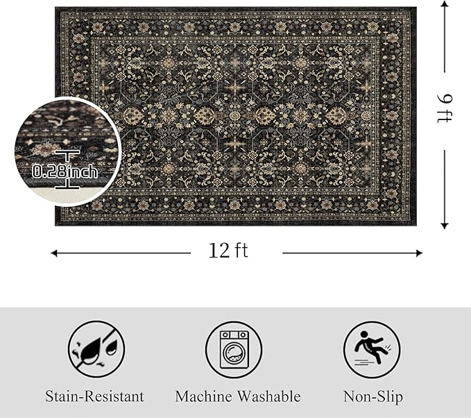 Area Rug Non Slip Machine Washable Ultra Soft Living Room/Bedroom/Kitchen/Outdoor/Classroom Black Grey, 9'×12'