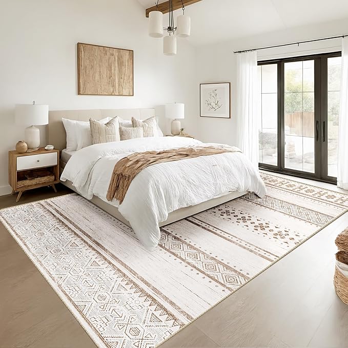 BESTSWEETIE 4x6 Area Rugs for Living Room Washable Moroccan Farmhouse Neutral Geometric Low Pile Non-Slip Soft Print Pattern Rug for Bedroom Kitchen Dining Room Entryway Cream/Brown/Pink
