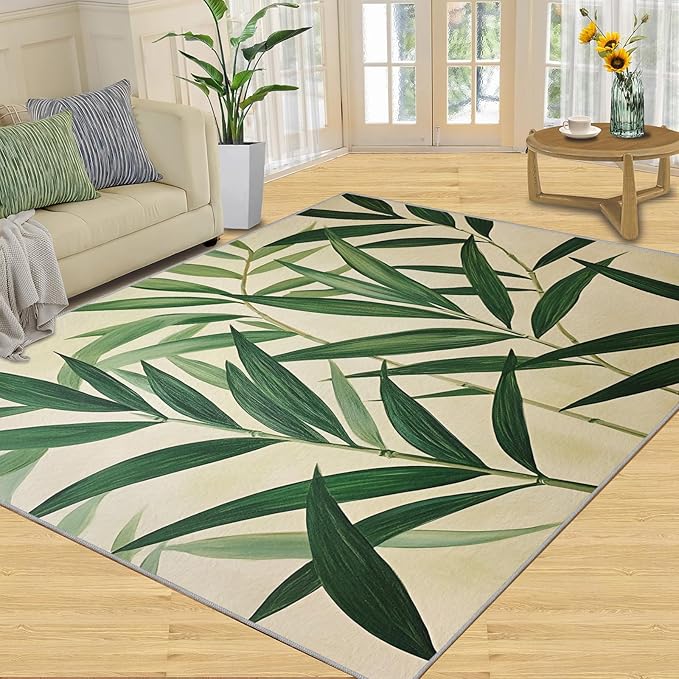 6x8 Bamboo Leaves Classroom Rugs - Realistic Botanical Art Playroom Rug, Minimalist Leaves Carpet Area Rug for Girls Bedroom Kids Room Basement Office Classroom
