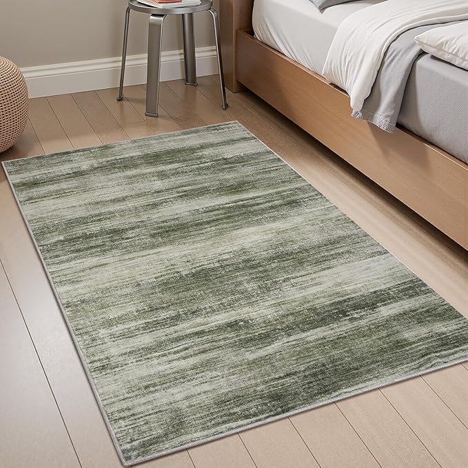 PADOOR Modern Abstract Area Rug - 3x5 Washable Rugs Non-Slip Small Carpet, Ultra Soft Low Pile Floor Rugs for Entrance Front Door Bedroom Bedside Laundry Room Green