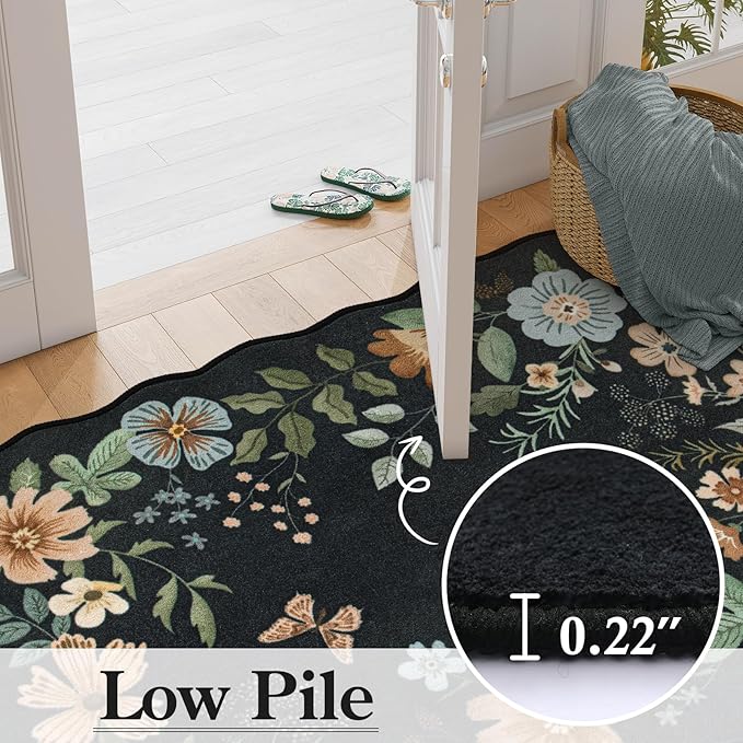 Lahome Floral Round Area Rugs, Washable Small Round Rug 3ft Non-Slip, Soft Boho Ultra-Thin Circle Carpet for Bedroom Entryway Kitchen Laundry Bathroom, Black/Grey