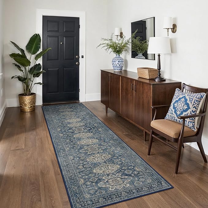 Bavni Washable Runner Rug 2’6”x10’, Non Slip Long Hallway Runner, Vintage Aesthetic Ultra Thin Low Pile Washable Carpet for Kitchen Bedroom, Blue