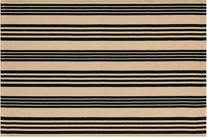 Black and Khaki Striped Outdoor Rug 4x6 ft, Washable Cotton Woven Patio Rug, Reversible Foldable Front Porch Decor Indoor Outdoor Rugs for Farmhouse/Living Room