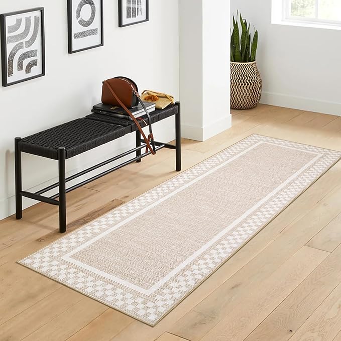 Washable Runner Rug 2x10 Modern Bordered Hallway Runner Rug Non Slip Kitchen Throw Carpet Checkered Bathroom Entryway Runner Rugs Low Pile Solid Area Rugs for Living Room Bedroom Nursery Sink, Beige