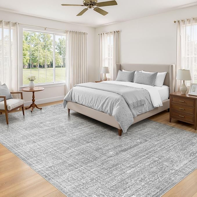 5x7 Area Rugs Living Room: Washable Large Vintage Grey Rug Neutral Non-Slip Soft Stain Resistant Indoor Carpet for Bedroom Nursery Dining Room Under Table Bed Home House Office Playroom