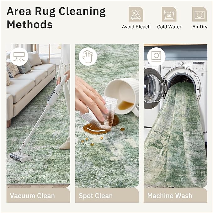 Area Rugs 4x6 for Living Room, Vintage Washable Rugs for Dining Room, Kitchen, Non-Slip Area Rug Green Ivory