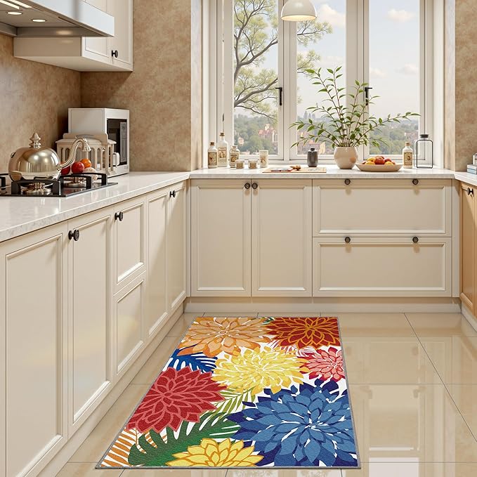 2x3 Colorful Washable Small Rug Tropical Botanical Modern Floral Indoor Chenille Door Mat Carpet Non Slip for Patio, Entry Way, Entrance, Porch, Rainbow