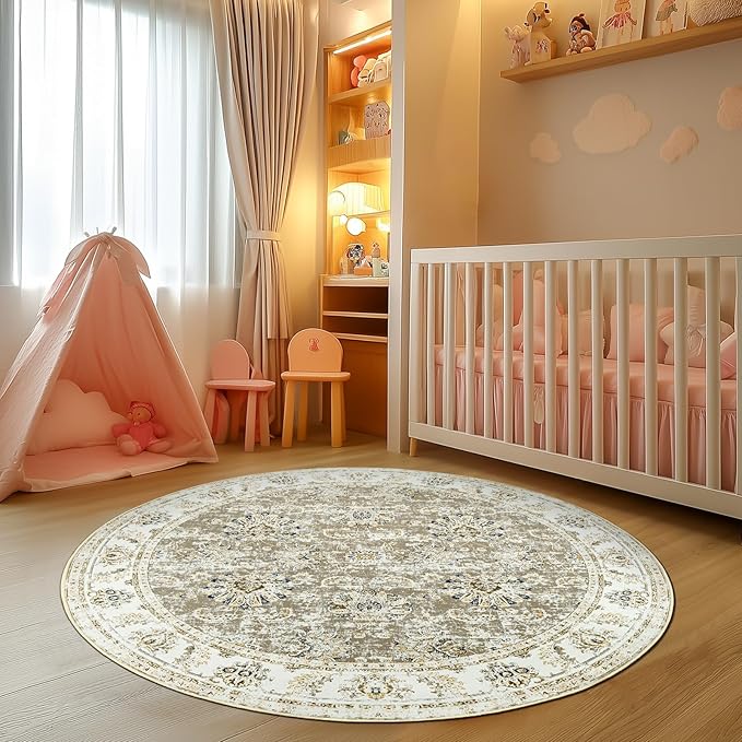 jinchan Fiora Round Rug 6ft Area Rugs Vintage Floral Distressed Design - Machine Washable Non-Slip Low-Pile Ultra-Thin Circle Rug for Entryway Bedside Living Room Dining Room Bedroom (6' Round, Taupe)