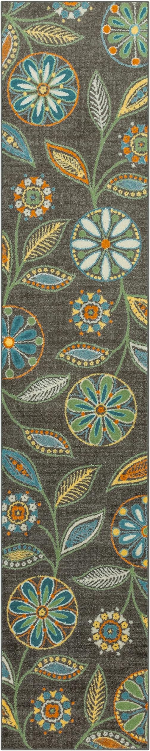 Maples Rugs Reggie Floral Runner Rug - Made in USA - Washable, Non Slip Indoor Carpet for Kitchen, Hallway, and Laundry Room, 2' x 10', Dark Grey