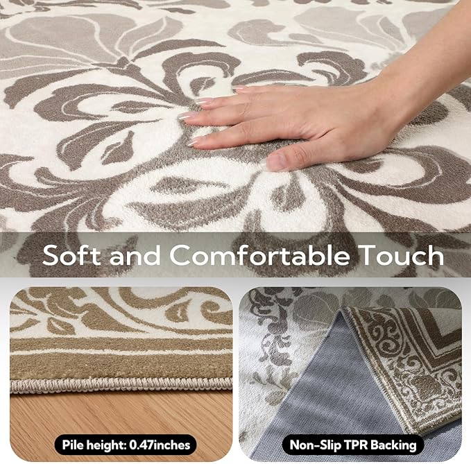 SOULFUL Medium Pile 4x6 Rugs for Living Room - Soft Foot Feel Area Rug - Brown Boho Floral - Washable Non-Slip - Perfect for Bedroom Kids Room Under Dining Table Office