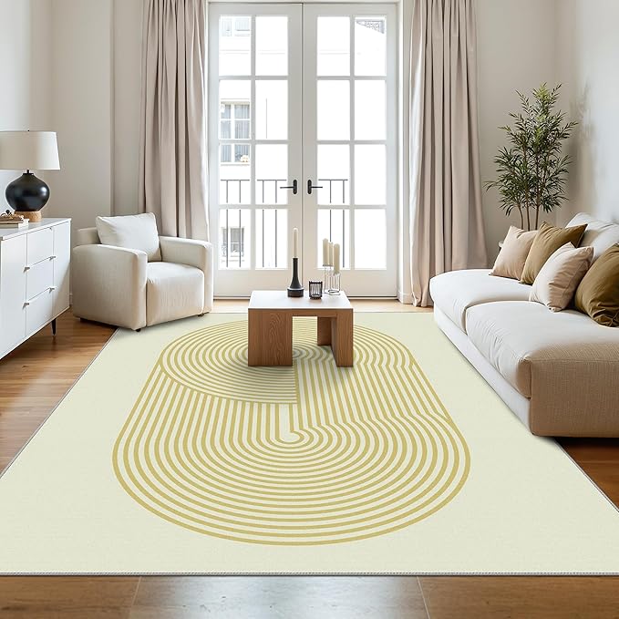 Bavni Area Rugs 8x10, Modern Soft Bedroom Rug, Machine Washable Rug Non Slip, Indoor Low Pile Large Rugs for Living Room, Dining Room, Beige Yellow Lines
