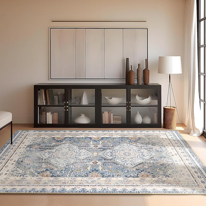 Phantoscope Washable Area Rug 6'x9' Non-Slip, Vintage Neutral Rugs for Living Room, Bedroom, Dining Room, Distressed Boho Geometric Medallion Pattern, Low-Pile Foldable Floor Carpet, Dusty Blue/Multi