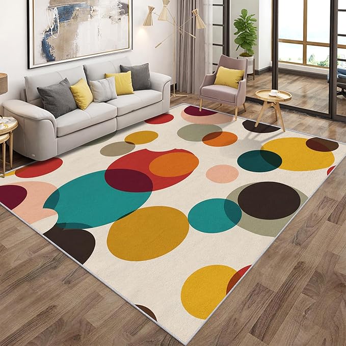 Mid Century Modern Rugs for Home Decor, 7x9 ft, Boho Geometric Circle Area Rugs for Living Room, Soft Non Slip Washable Abstract Geometry Carpet Bedroom Decorations Dt-Ghf-19