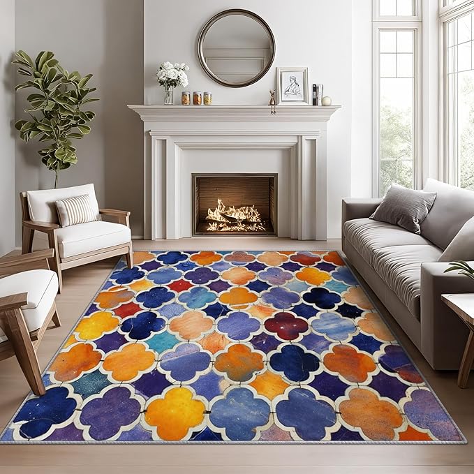 Moroccan Rugs for Living Room - 5x7 Area Rugs, Moroccan Trellis Rug, Colorful Geometric Rug for Living Room, Oriental Tile Washable Bedroom Carpet, Traditional Patchwork Home Decor & Gifts
