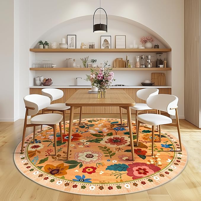 Floral 4ft Area Rug Machine Washable Soft Print Boho Carpet Non Slip Doormat Low Pile Flower Area Rugs for Living Room Bedroom Nursery Kitchen Dining Room Indoor-Yellow/Orange
