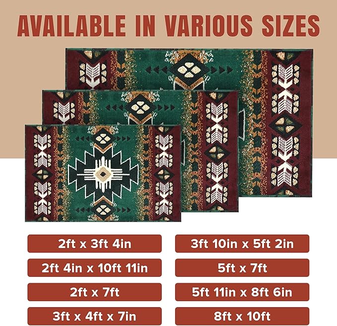 YHSF South West Native American Area Rug C318 - Easy Clean, Thick, Soft, Durable Native Tribal American Indian Inspired Rug for Bedroom/Living Room and More - Hunter Green, 2 ft 4 in x 10 ft 11 in