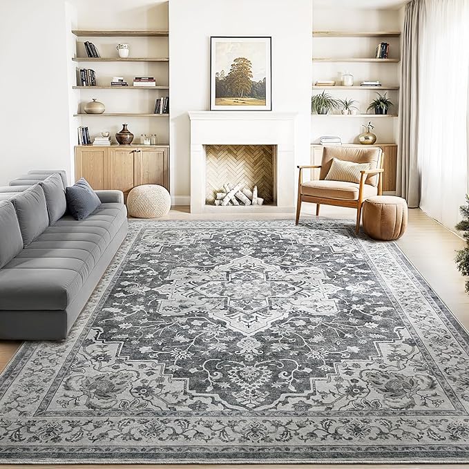 Marsail 9x12 Washable Area Rug, Soft & Slip-Resistant Large Area Rug with Reinforced Bound Edges, Vintage Short-Pile Washable Rug with Floral Pattern for Living Room, Dinning Room and Bedroom, Grey