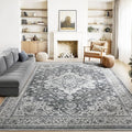 Marsail 8x10 Washable Area Rug, Soft & Slip-Resistant Large Area Rug with Reinforced Bound Edges, Vintage Short-Pile Washable Rug with Floral Pattern for Living Room, Dinning Room and Bedroom, Grey