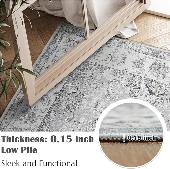 jinchan 9x12 Area Rugs for Living Room - Machine Washable Vintage Floral Distressed Design Stain Resistant Carpet Low Pile Non-Slip Large Rug for Bedroom Dining Room Home Office (9‘x12', Grey)
