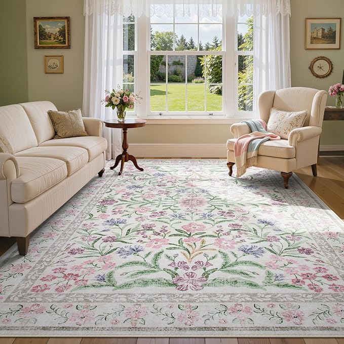 Lahome Purple Floral 9x12 Area Rug, Machine Washable Low Pile Nursery Girls Rug, Non-Slip Thin Carpet for Playroom Kids, Soft Boho Mat for Women Bedroom Decor