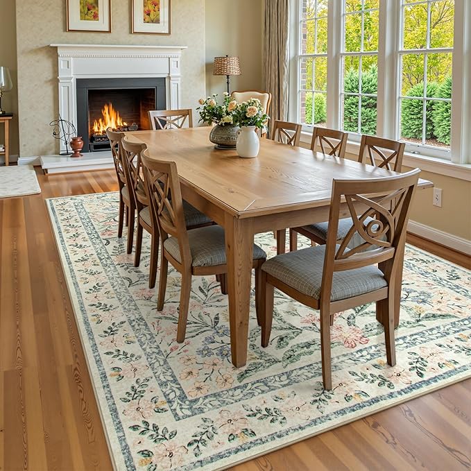 Morebes Washable Area Rugs 6x9, Boho Nursery Rug Girl Bedroom Non-Slip, Large Soft Vintage Distressed Floral Carpet for Living Room Foyer Home Office Decor, Cream