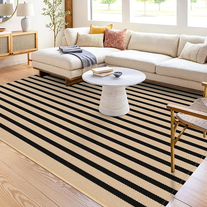 KOZYFLY 5x7 Ft Area Rug Striped Outdoor Rug Brown and Black Washable Indoor Outdoor Rug Cotton Outdoor Patio Rugs Farmhouse Rugs for Living Room Carpet for Patio Dining Room Bedroom